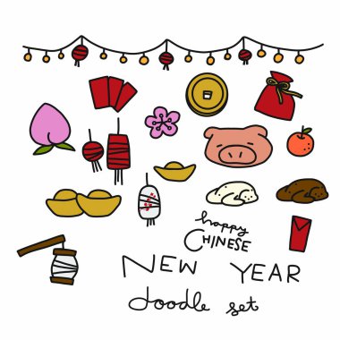 Çin Yeni Yıl karalama karikatür vektör çizimi seti