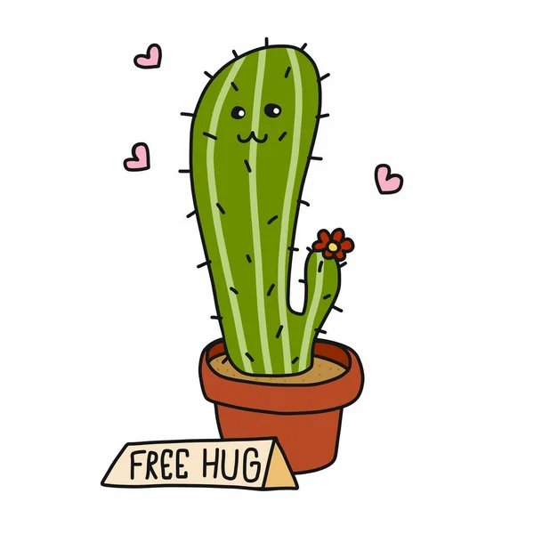 Cactus Abbraccio Libero Cartone Animato Vettore Illustrazione Stile Doodle — Vettoriale Stock
