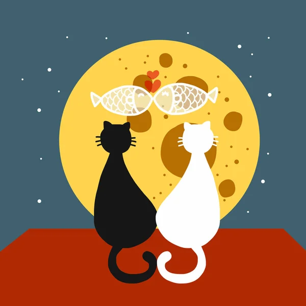 Par Katt Tittar Fullmåne Tecknad Vektor Illustration — Stock vektor