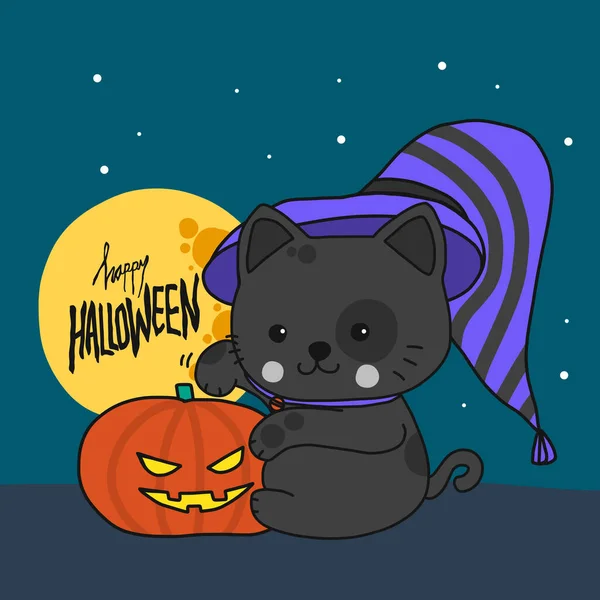 Felice Halloween Gatto Fortunato Nero Luna Piena Fumetto Vettoriale Illustrazione — Vettoriale Stock