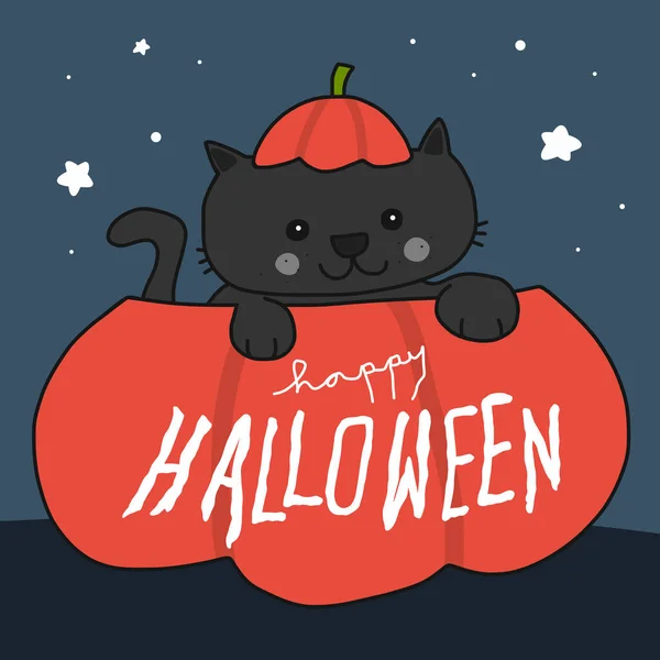 Felice Halloween Gatto Nero Zucca Cartone Animato Vettoriale Doodle Illustrazione — Vettoriale Stock