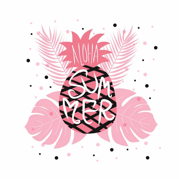 阿罗哈夏季粉红菠萝和棕榈病媒图解 — 图库矢量图片