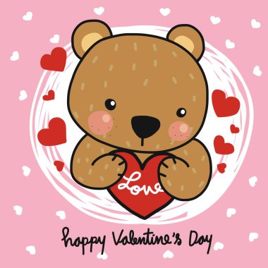 Sevimli kahverengi ayı kucaklayan kalp Sevgililer Günü çizgi film vektör çizimi çizim stilin kutlu olsun.