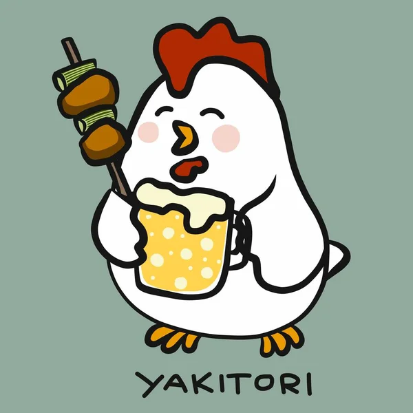 日本菜山楂鸡与啤酒卡通片载体图解涂鸦风格 — 图库矢量图片