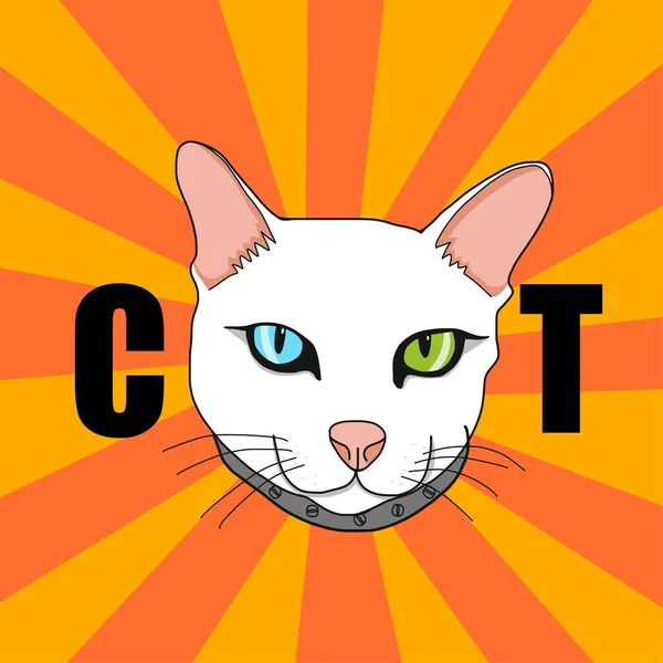 Vit Katt Ansikte Två Färg Ögon Tecknad Vektor Illustration — Stock vektor
