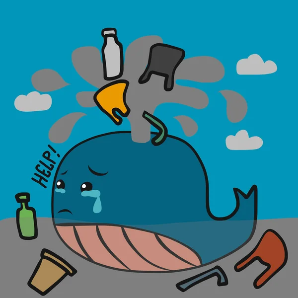 Pleurs Baleine Illustration Vectorielle Dessin Animé Poubelle Plastique — Image vectorielle