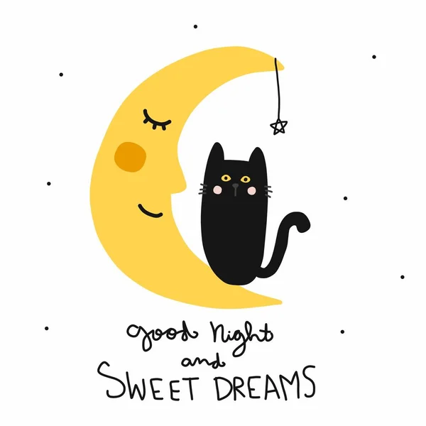 Boa Noite Doces Sonhos Preto Gato Meia Lua Sorriso Desenho —  Vetores de Stock