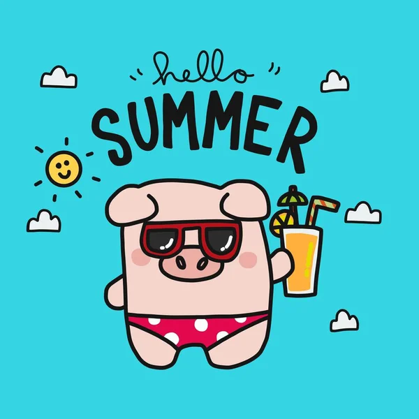 Olá Verão Porquinho Desgaste Biquíni Desenho Animado Vetor Ilustração —  Vetores de Stock