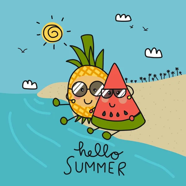 Melancia Abacaxi Casal Frutas Abraçando Praia Desenho Animado Vetor Ilustração —  Vetores de Stock