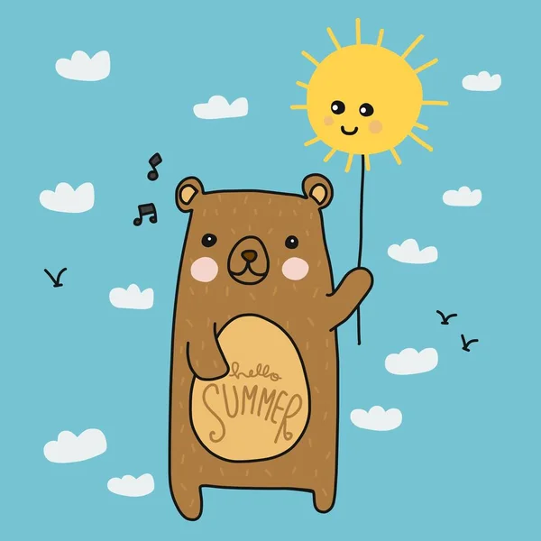 Χαριτωμένο Καφέ Αρκούδα Που Φέρουν Μπαλόνι Ήλιο Στον Ουρανό Εικονογράφηση — Διανυσματικό Αρχείο