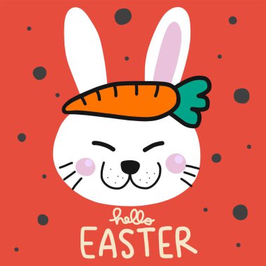 Merhaba kafasında havuç olan Paskalya beyaz tavşanı vektör çizimi çizim stili.