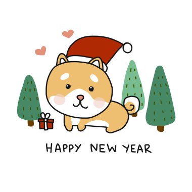 Mutlu yıllar Shina Inu köpeği Noel Baba şapkası takıyor vektör çizimi, karalama stili