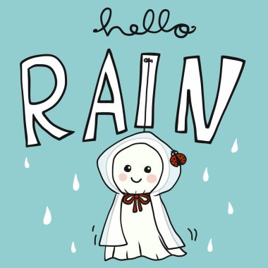 Merhaba yağmur, uğurböceği çizgi filmi karalama stili vektör illüstrasyonlu yağmurlu bebek