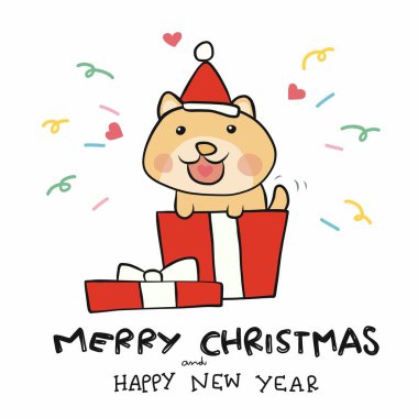 Mutlu Noeller köpek, Noel Baba şapkası tak. Hediye kutusu çizimlerinde kal.