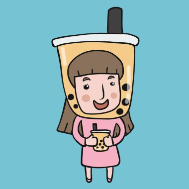 Kabarcık çaycı kadın kafasında büyük baloncuklu çay fincanı olan çizgi film çizimi çizer.