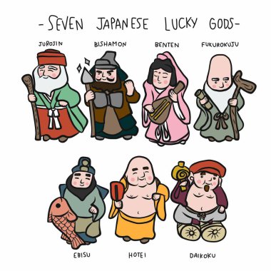 Yedi Japon şanslı tanrısı ve karikatür karalama vektör çizimi