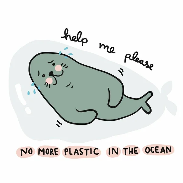 More Plastic Ocean Seal Crying Because Struck Plastic Bag Asking — Stock Vector