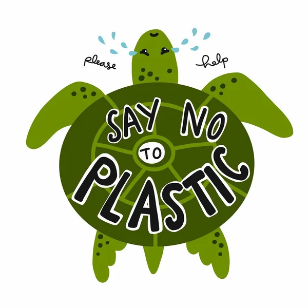 Mondj Nemet Műanyag Tengeri Teknősök Sírva Segítséget Rajzfilm Vektor Illusztráció — Stock Vector