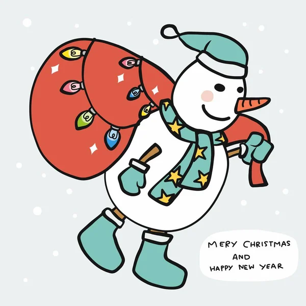 Snowman Brengen Geschenktas Kleurrijke Gloeilamp Cartoon Vector Illustratie — Stockvector
