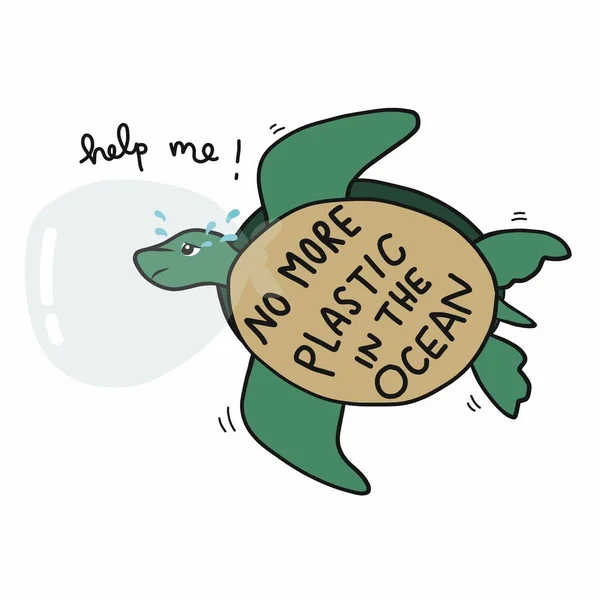 没有更多的塑料在海洋中 海龟哭了 因为塑料头撞在塑料桶上 并请求帮助卡通病媒说明涂鸦风格 — 图库矢量图片
