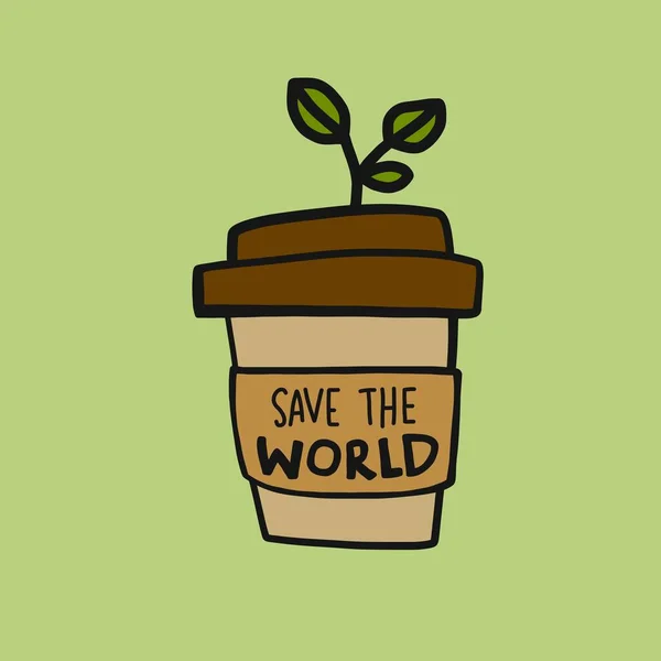 Salvare Mondo Tazza Caffè Cartone Animato Vettoriale Illustrazione — Vettoriale Stock