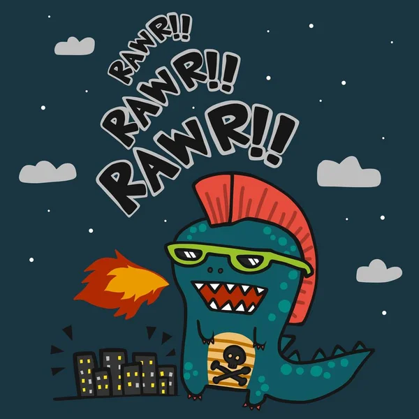 Punk Godzilla Atakuje Miasto Wektor Kreskówki Ilustracja — Wektor stockowy