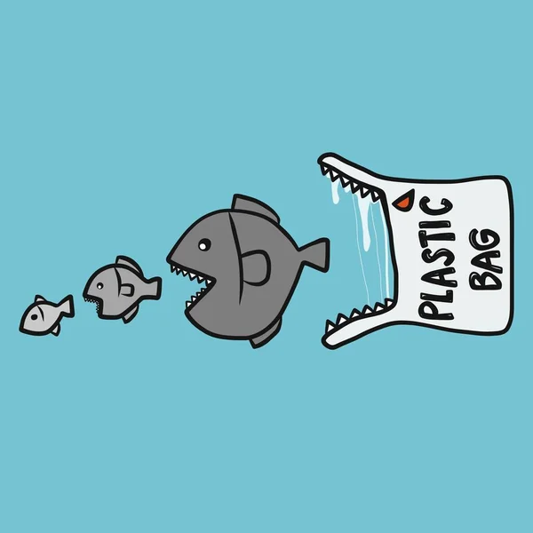 Plastikowe Torba Potwór Próbuje Jeść Ryby Wektor Kreskówki Ilustracja Koncepcja — Wektor stockowy