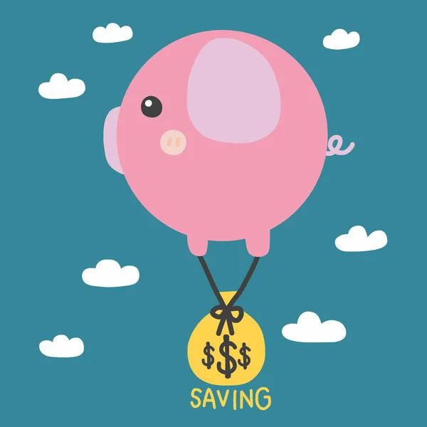 Piggy Globo Ahorro Bolsa Moneda Volando Cielo Ilustración Vector Dibujos — Archivo Imágenes Vectoriales