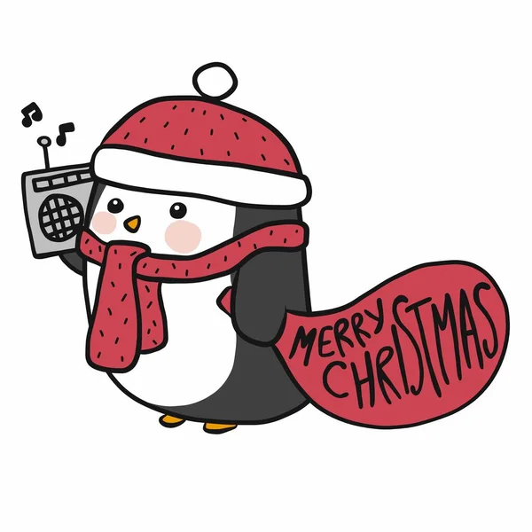 Pinguïn Luisteren Muziek Vrolijk Kerstspotprent Doodle Vector Illustratie — Stockvector