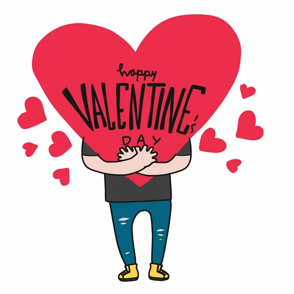 Man Hugging Big Heart Happy Valentine Day Cartoon Vector Illustration — Stock Vector