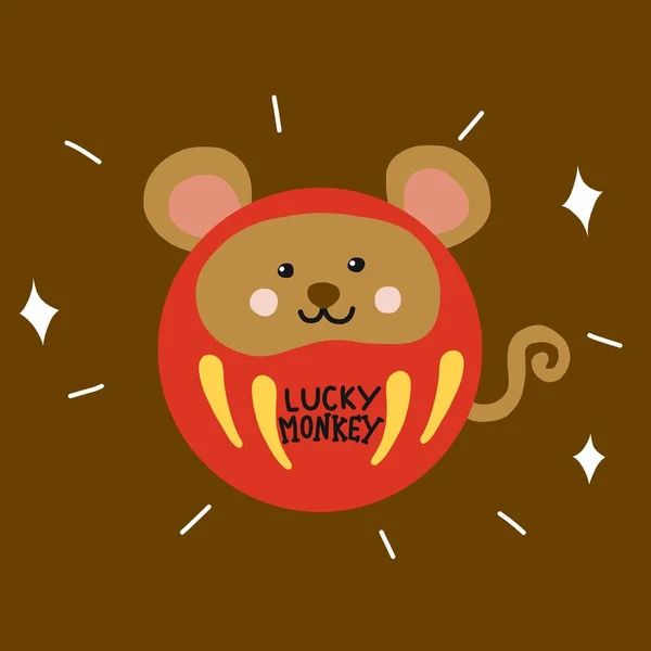 Lucky Monkey Daruma Amuleto Suerte Japonesa Lindo Vector Dibujos Animados — Vector de stock