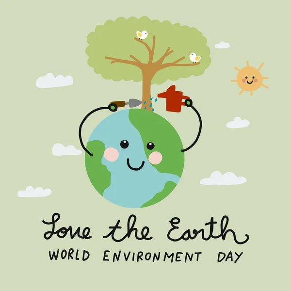 Love Earth Światowy Dzień Środowiska Świat Ładny Uśmiech Ziemia Podlewanie — Wektor stockowy