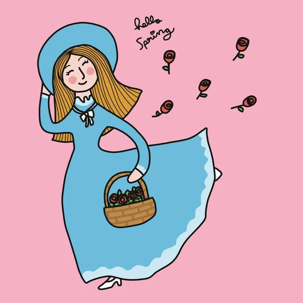 Дама Синій Вінтажній Сукні Танцює Кошиком Троянд Привіт Весна Мультфільм — стоковий вектор