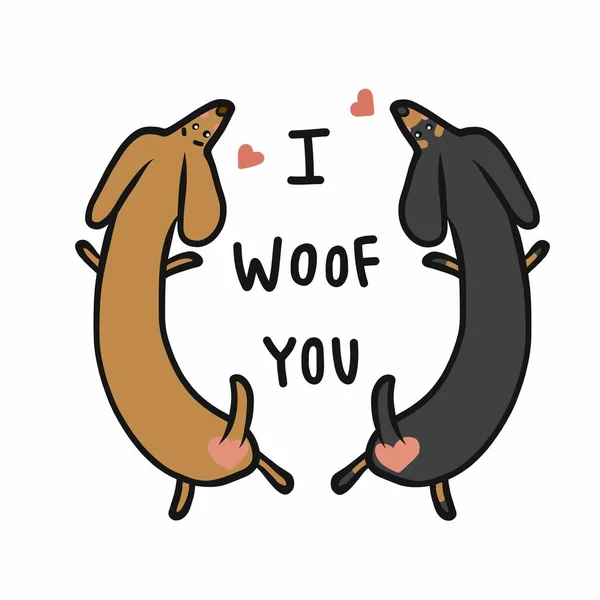 Casal Cão Dachshund Woof Você Desenho Animado Vetor Ilustração Doodle —  Vetores de Stock