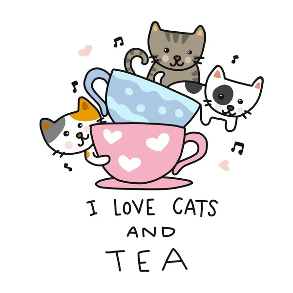 我爱猫和茶 可爱的猫在茶杯卡通人物画涂鸦风格 — 图库矢量图片
