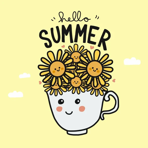 Buena Mañana Taza Girasol Sonrisa Cara Dibujo Animado Vector Ilustración — Archivo Imágenes Vectoriales