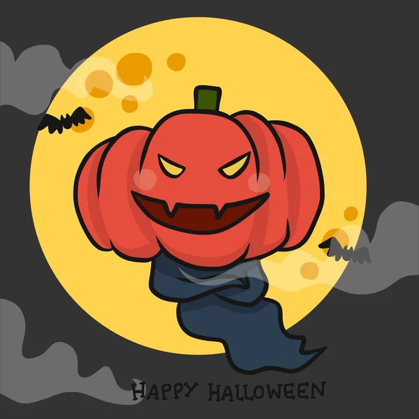 Monster Pompoen Hoofd Gelukkig Halloween Met Volle Maan Cartoon Doodle — Stockvector