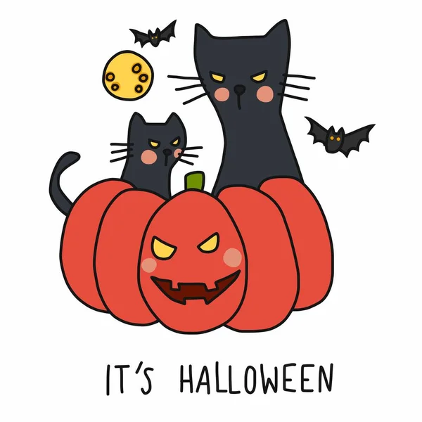 Halloween Gatto Nero Sedersi Zucca Cartone Animato Vettoriale Illustrazione — Vettoriale Stock