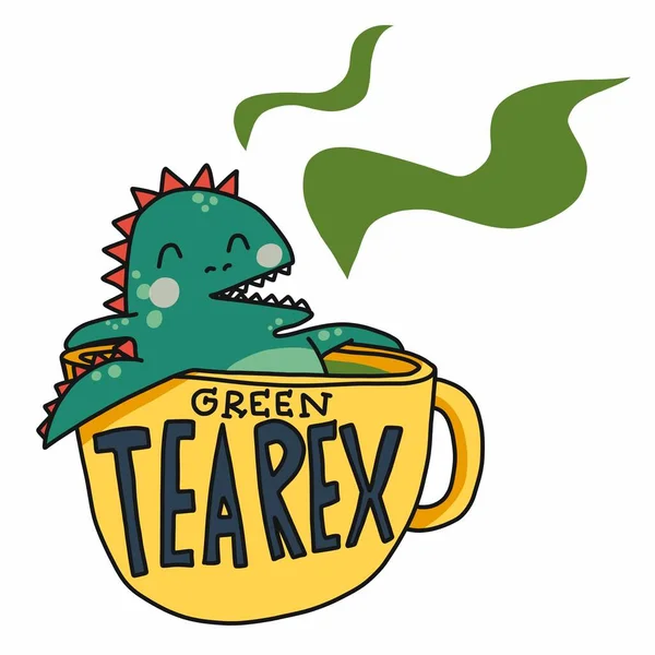 Green Tearex Tyrannosaurus Hot Green Tea Cup Cartoon Vector Illustration — Stock Vector