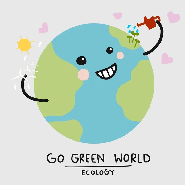 Green World Cute Smile Earth Watering Himself Ecology Concept Cartoon - Stok Vektor