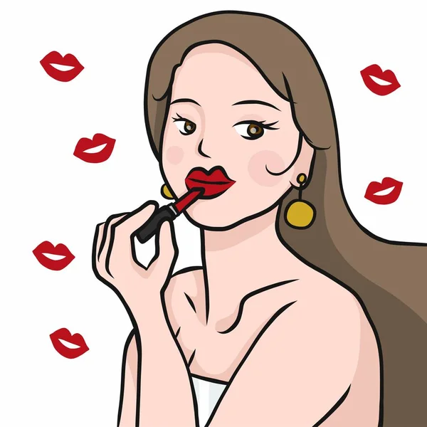 Wanita Cantik Menempatkan Lipstik Pada Gambar Vektor Kartun Bibir - Stok Vektor