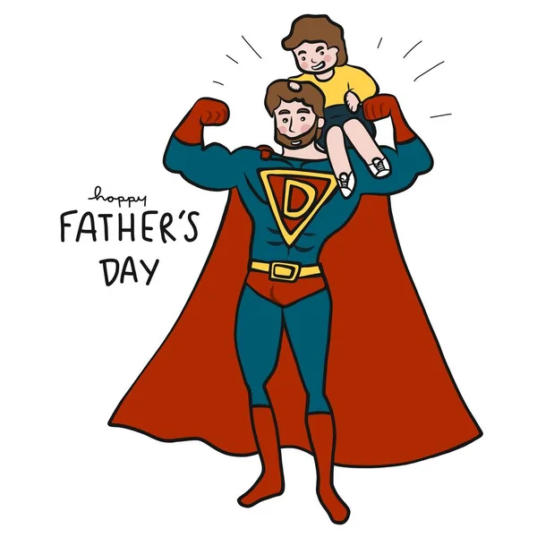 Feliz Dia Pai Super Pai Herói Com Bebê Menino Desenho — Vetor de Stock
