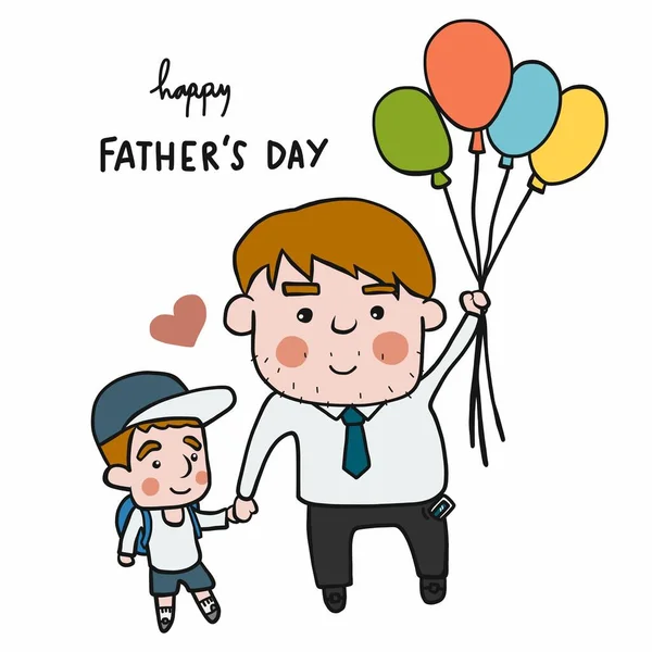 Father Son Holding Hand Colourful Balloon Happy Father Day Cartoon — Stock Vector