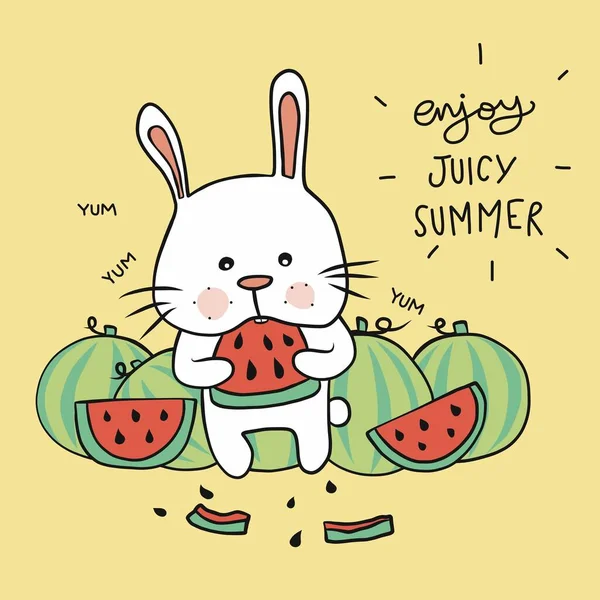 Genießen Sie Saftige Sommer Niedlichen Weißen Kaninchen Essen Wassermelone Cartoon — Stockvektor