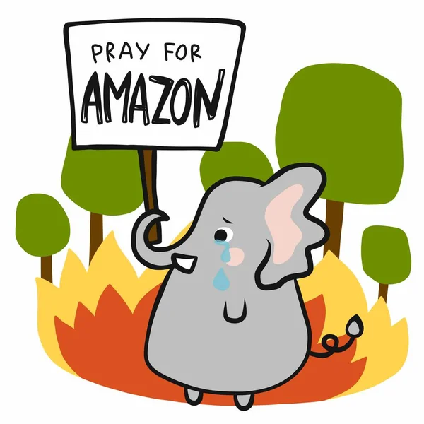 Слон Плачет Молитесь Amazon Огне Милый Мультфильм Каракули Стиле Векторной — стоковый вектор