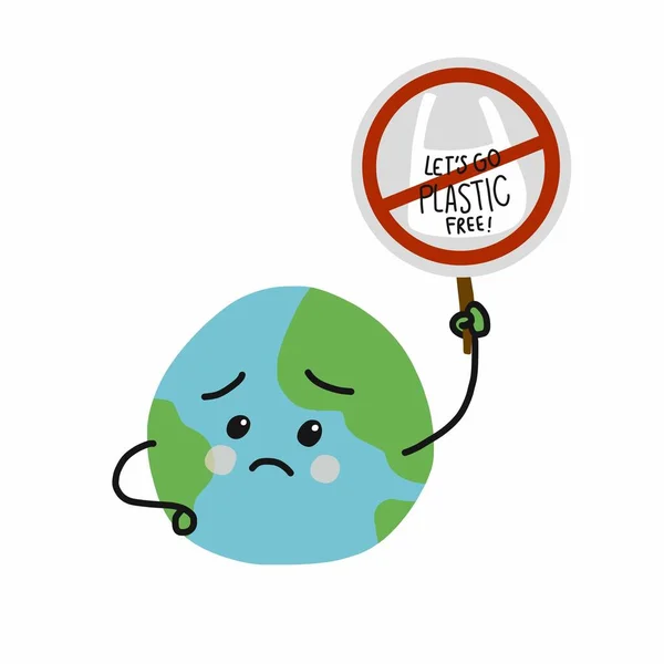 Não Mais Plástico Triste Terra Cartoon Vetor Ilustração —  Vetores de Stock