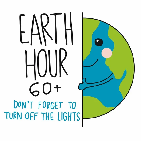 Earth Hour Aranyos Világ Mögött Rejtőzik Fal Rajzfilm Doodle Vektor — Stock Vector