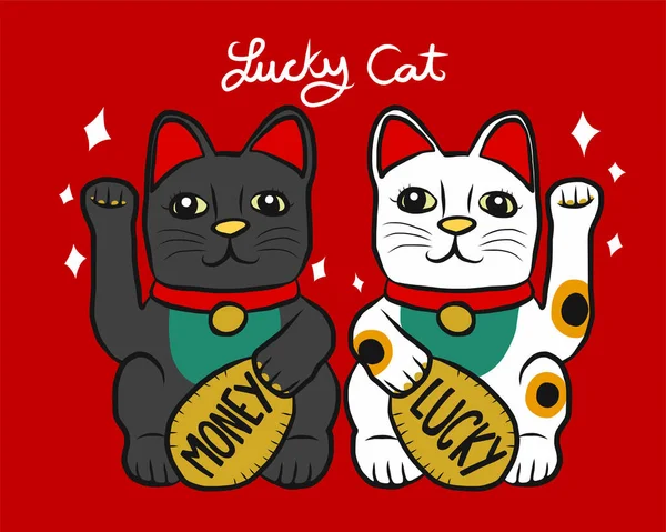 Lucky Cat Černá Bílá Japonský Talisman Štěstí Karikatura Vektorové Ilustrace — Stockový vektor