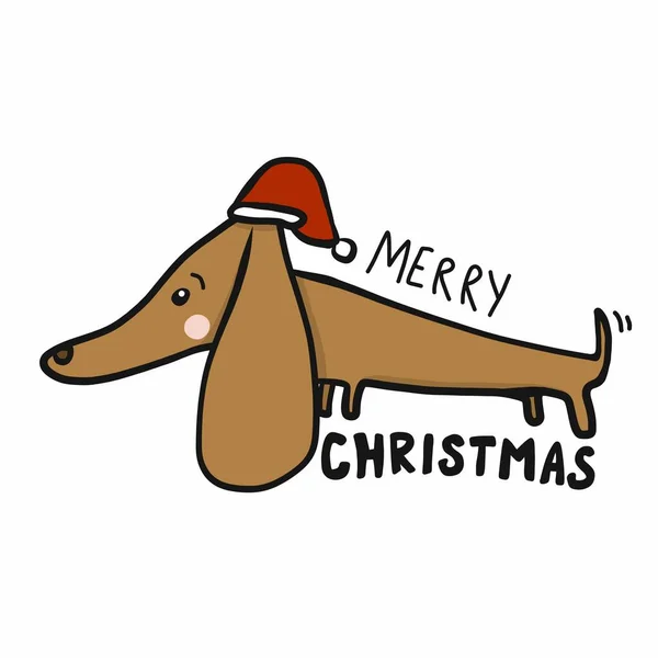 Dachshund Hond Dragen Santa Hoed Vrolijk Kerst Cartoon Vector Illustratie — Stockvector