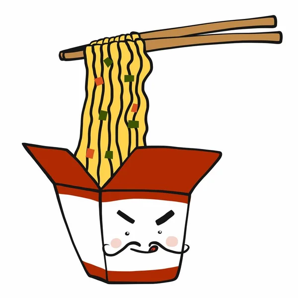 Kinesiska Nudlar Papper Låda Och Chopstick Tecknad Vektor Illustration Klotter — Stock vektor